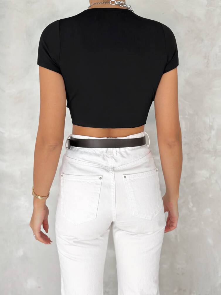 Kadın Büzgü Detaylı Asimetrik Kesim Crop Bluz ZYN-58783 - 4