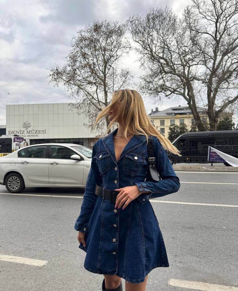 KADIN CEKET YAKA ÇAN ETEK MODEL KOT ELBİSE ZYN-58589 - 3