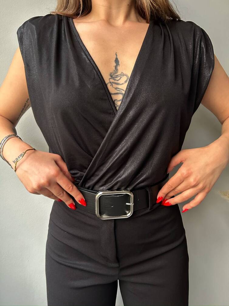 Kadın Derin V Yaka Saten Görünümlü Vatkalı Bodysuit HYN-58048 - 9