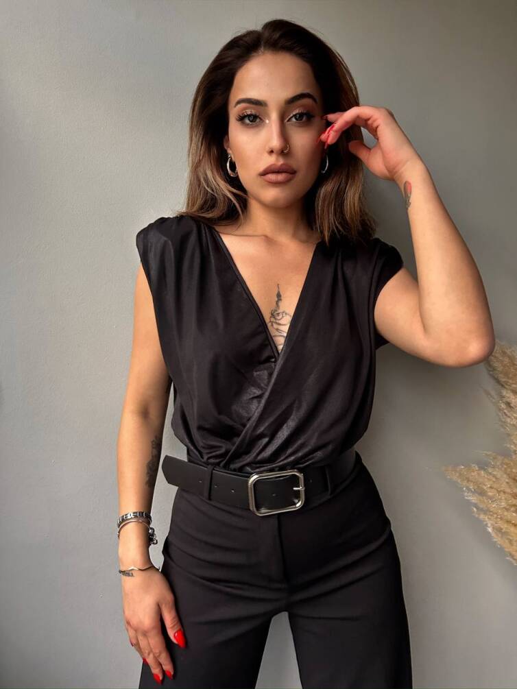 Kadın Derin V Yaka Saten Görünümlü Vatkalı Bodysuit HYN-58048 - 11