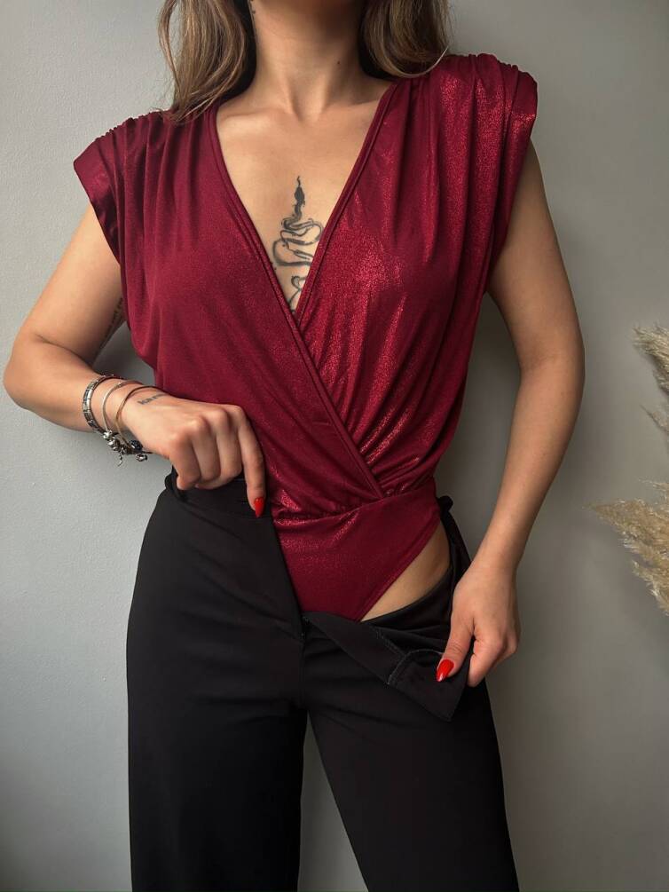 Kadın Derin V Yaka Saten Görünümlü Vatkalı Bodysuit HYN-58048 - 22