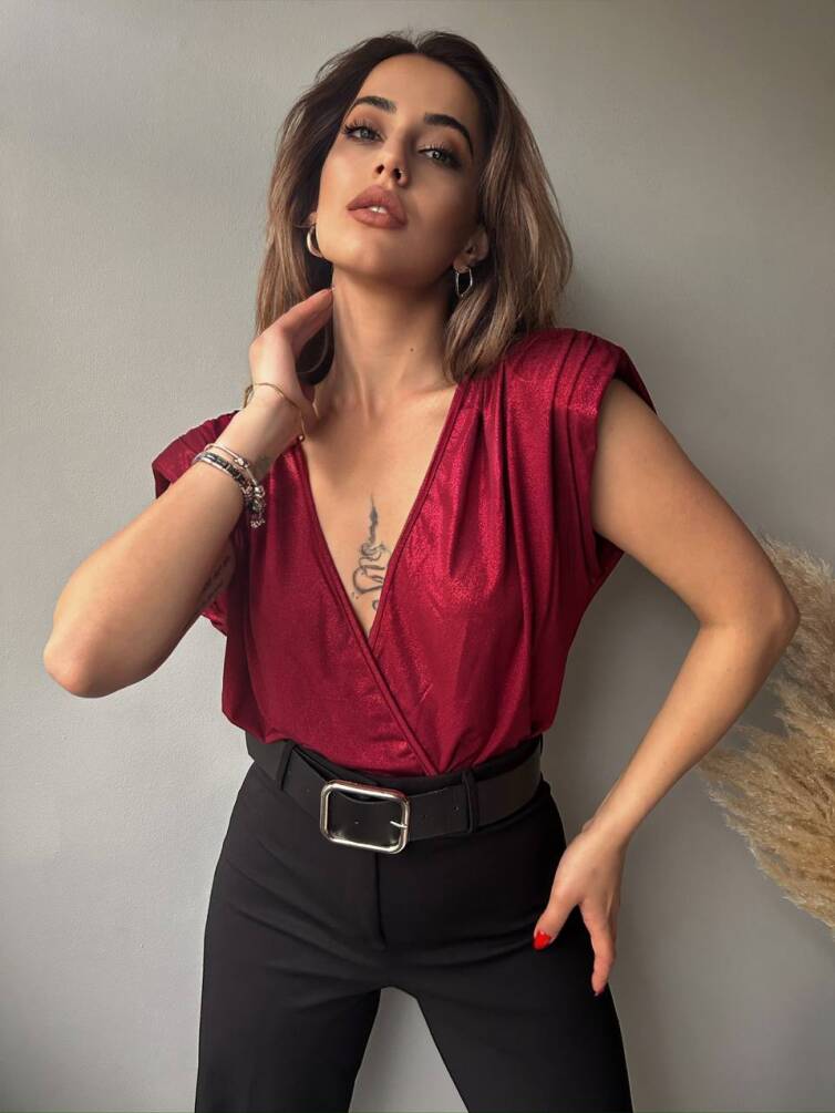 Kadın Derin V Yaka Saten Görünümlü Vatkalı Bodysuit HYN-58048 - 23