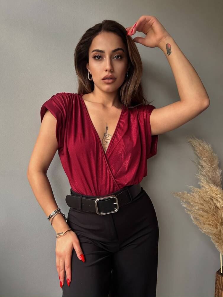 Kadın Derin V Yaka Saten Görünümlü Vatkalı Bodysuit HYN-58048 - 25