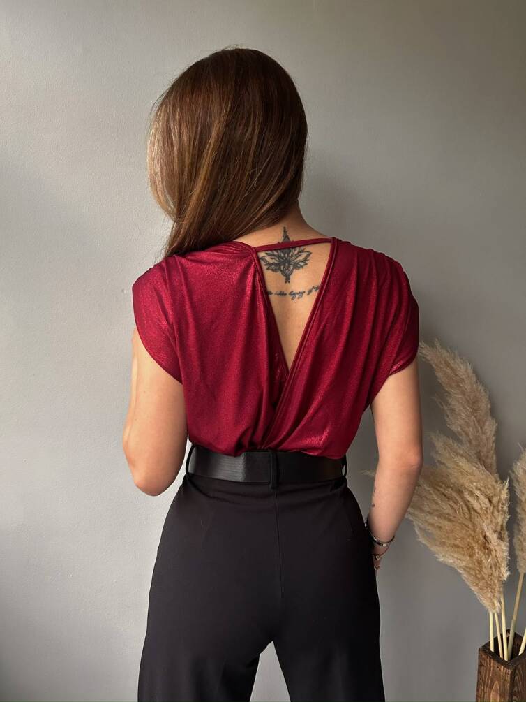 Kadın Derin V Yaka Saten Görünümlü Vatkalı Bodysuit HYN-58048 - 26