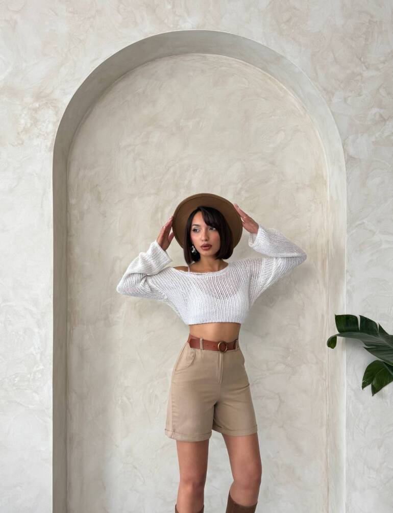 Kadın Duble Paça Kemerli Gabardin Şort ZYN-58776 - 9