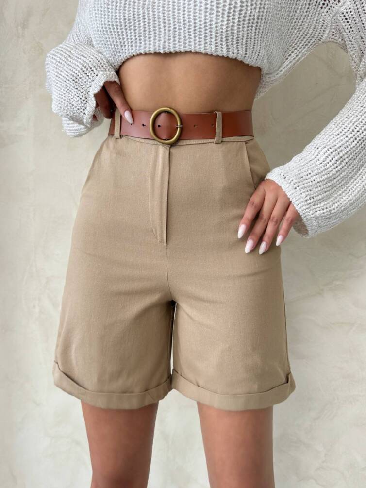 Kadın Duble Paça Kemerli Gabardin Şort ZYN-58776 - 11
