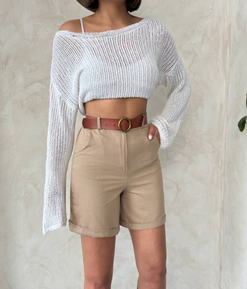 Kadın Duble Paça Kemerli Gabardin Şort ZYN-58776 - 12
