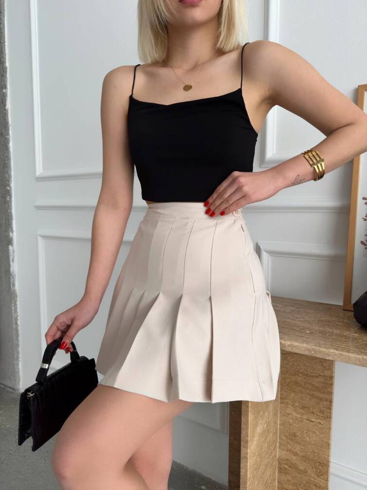 Kadın Yüksek Bel Pileli Mini Etek ZYN-58651 - 2