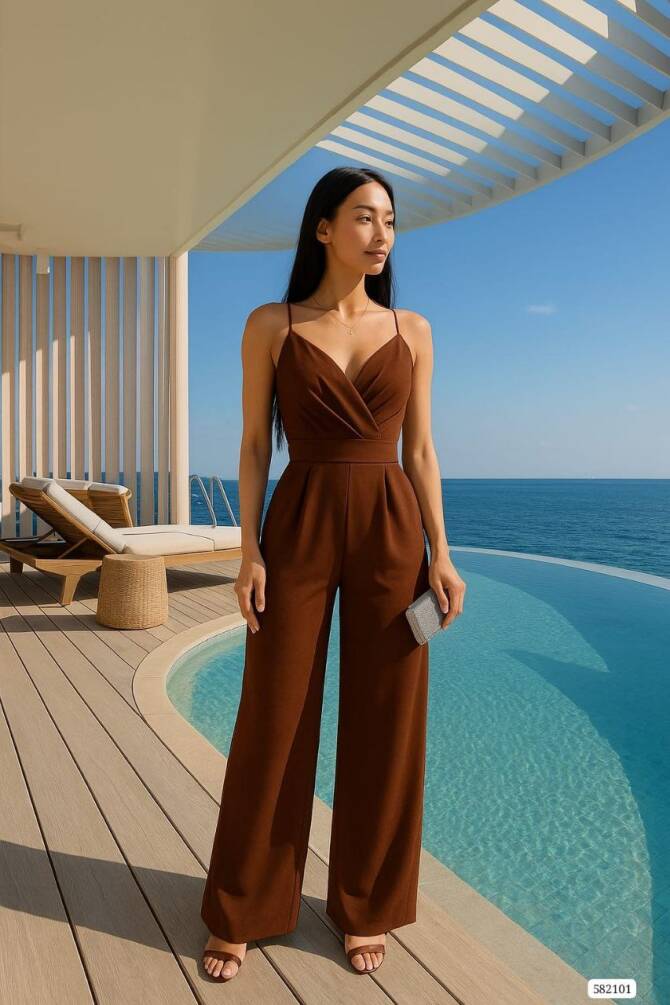 Kadın Gri Askılı Kruvaze Yaka Bol Paça Tulum ZYN-58791 - 6