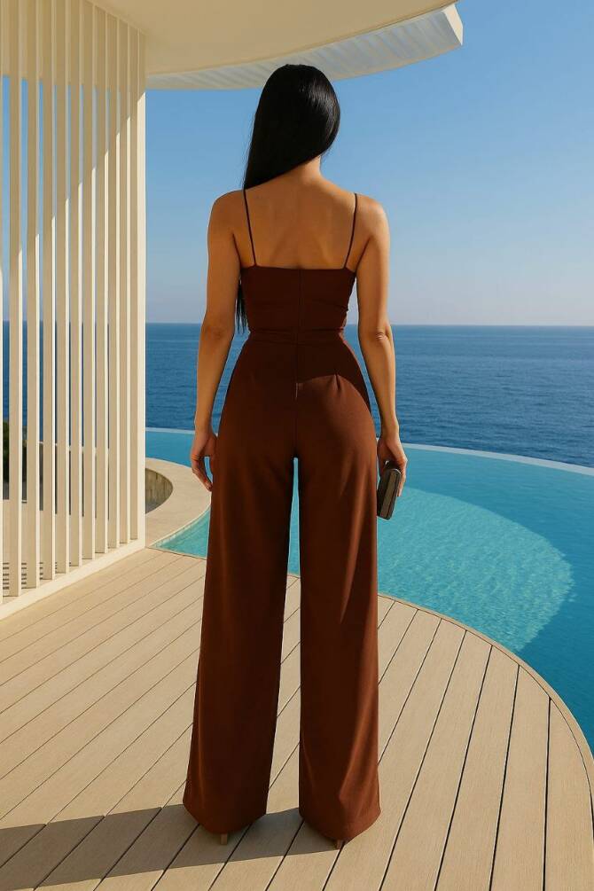 Kadın Gri Askılı Kruvaze Yaka Bol Paça Tulum ZYN-58791 - 9