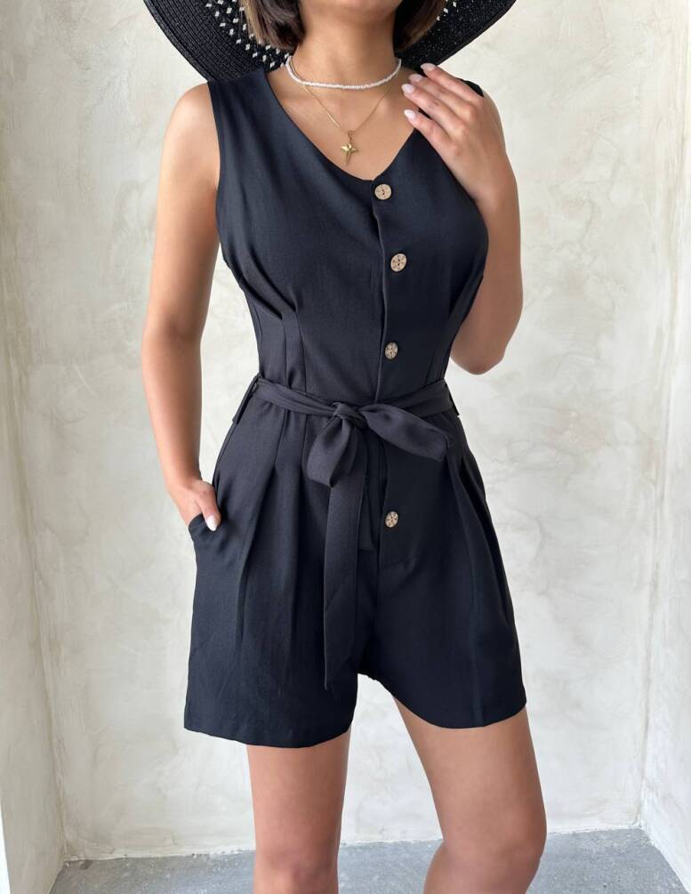 Kadın Kemerli Düğmeli Keten Şort Tulum HYN-58049 - 2