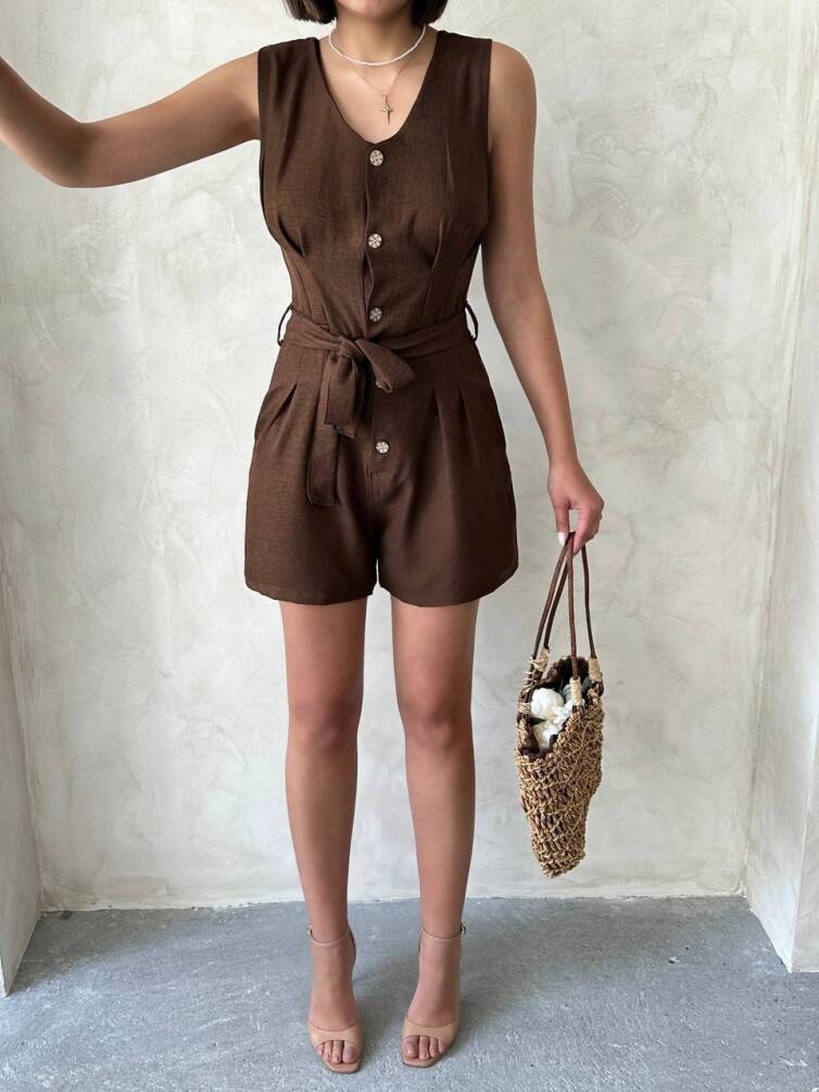Kadın Kemerli Düğmeli Keten Şort Tulum HYN-58049 - 6