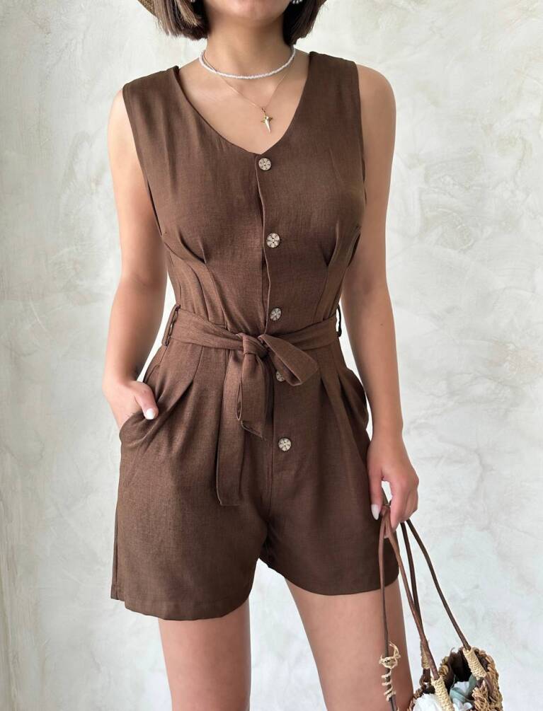 Kadın Kemerli Düğmeli Keten Şort Tulum HYN-58049 - 7