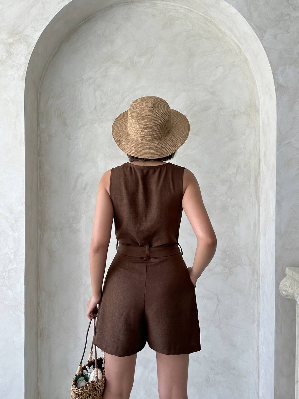 Kadın Kemerli Düğmeli Keten Şort Tulum HYN-58049 - 8