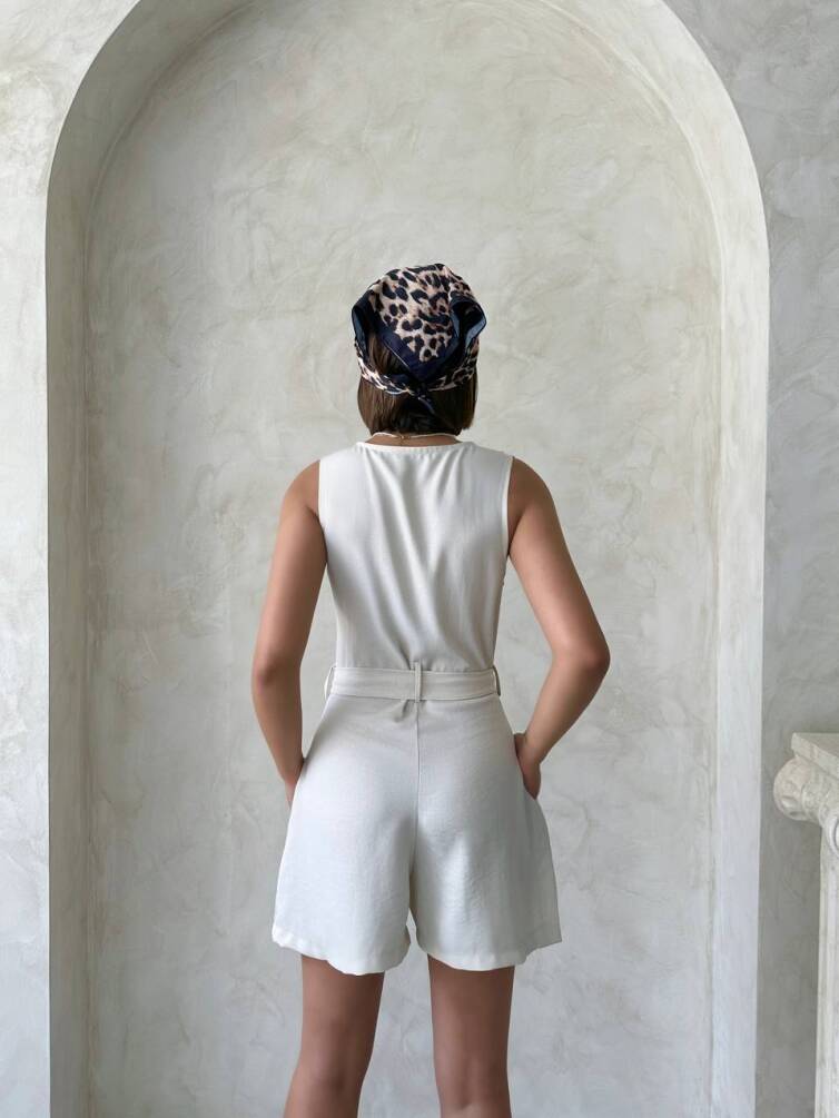 Kadın Kemerli Düğmeli Keten Şort Tulum HYN-58049 - 12