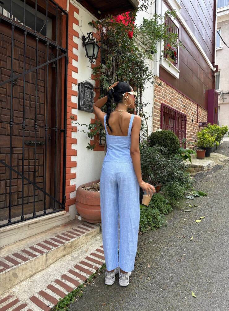 Kadın Kalın Askılı Bluz Pantolon Keten Takım HYN-58062 - 2