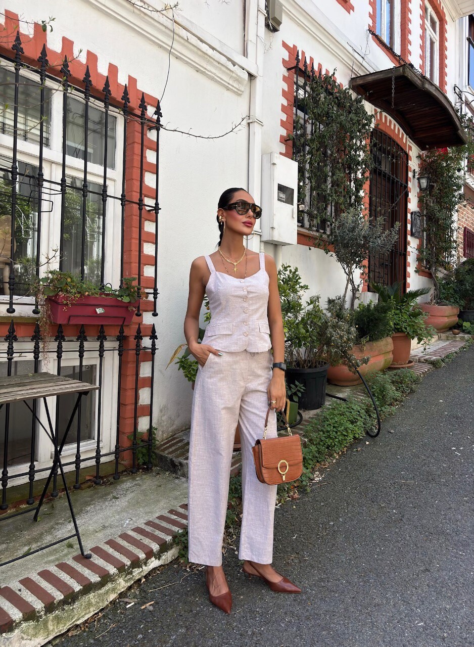 Kadın Kalın Askılı Bluz Pantolon Keten Takım HYN-58062 - 10