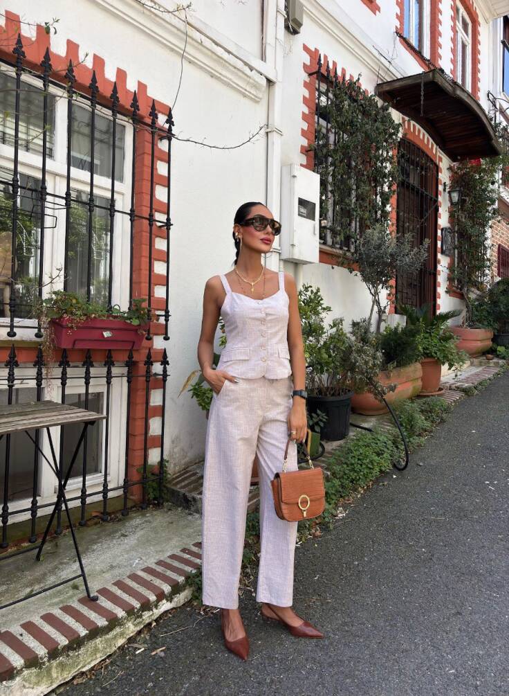 Kadın Kalın Askılı Bluz Pantolon Keten Takım HYN-58062 - 10