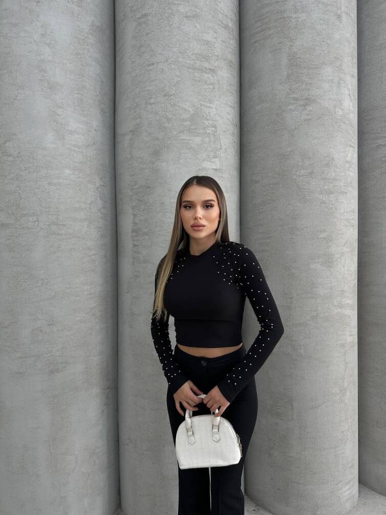 KADIN KOLLARI TAŞ DETAYLI CROP BLUZ HYN-58004 - 1