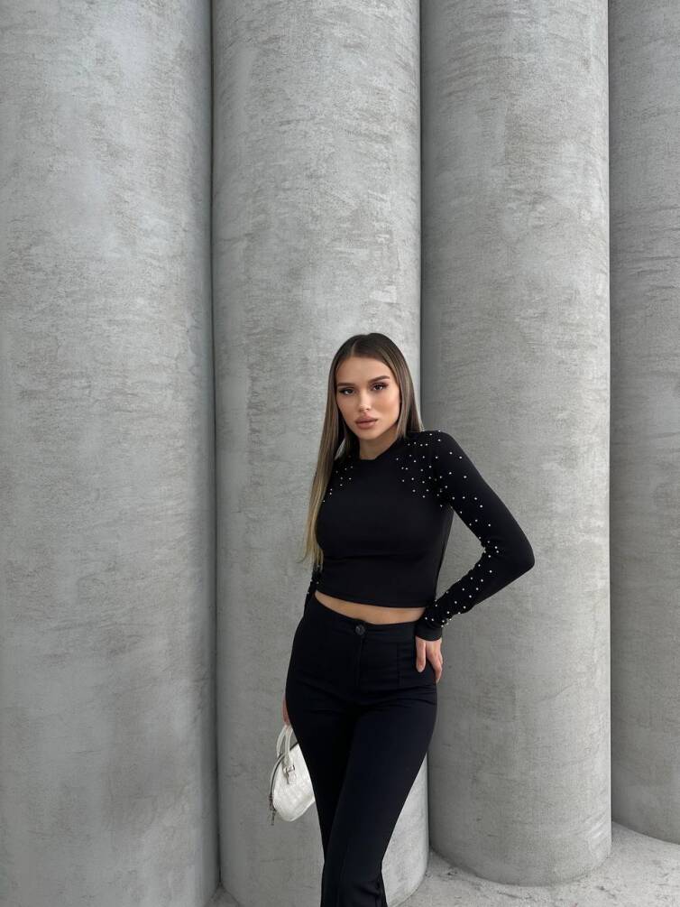 KADIN KOLLARI TAŞ DETAYLI CROP BLUZ HYN-58004 - 2