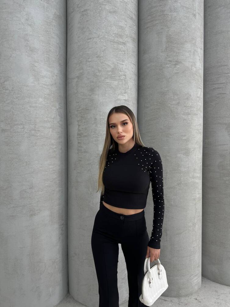 KADIN KOLLARI TAŞ DETAYLI CROP BLUZ HYN-58004 - 3