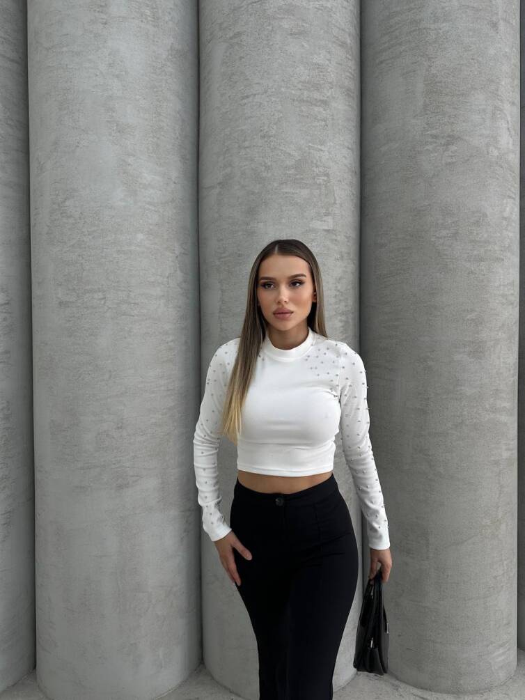 KADIN KOLLARI TAŞ DETAYLI CROP BLUZ HYN-58004 - 4