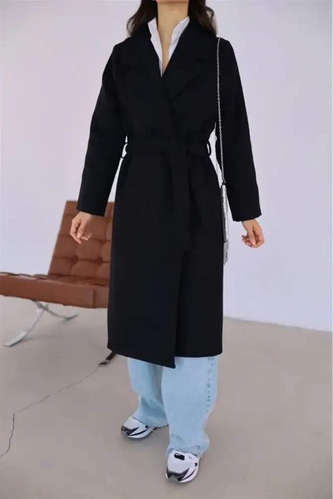 KADIN KRUBAZE YAKA KUŞAK BAĞLAMALI MİDİ KAŞE KABAN ZYN-58715 - 6