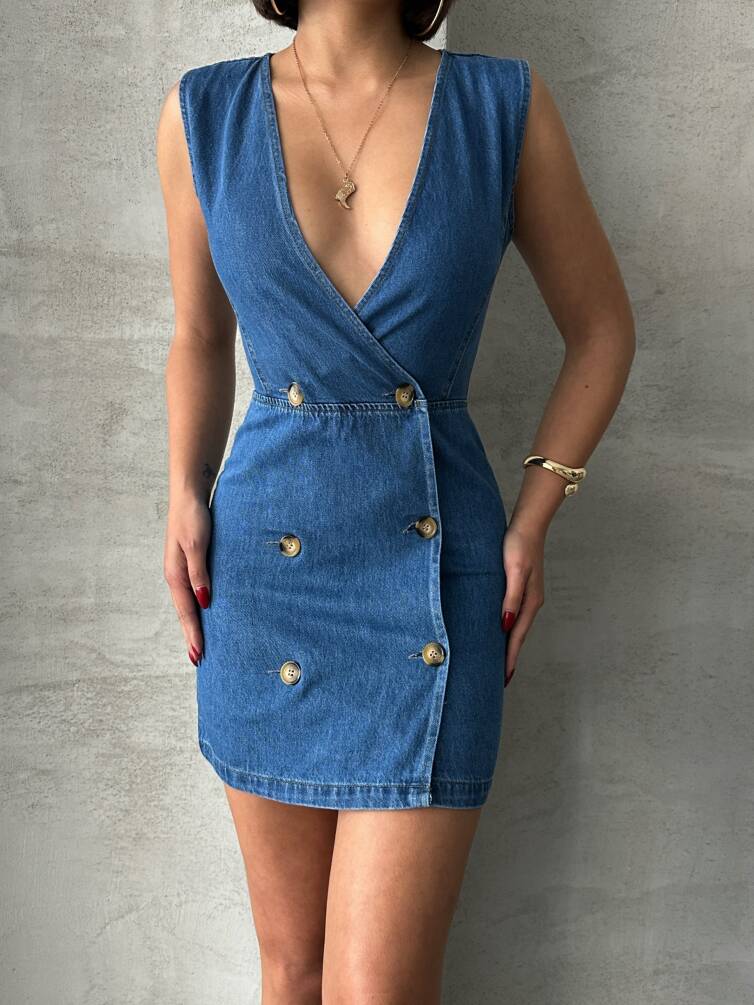 Kadın Kruvaze Yaka Mini Kot Denim Elbise ZYN-58774 - 2