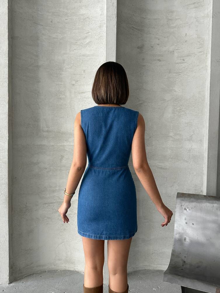 Kadın Kruvaze Yaka Mini Kot Denim Elbise ZYN-58774 - 3
