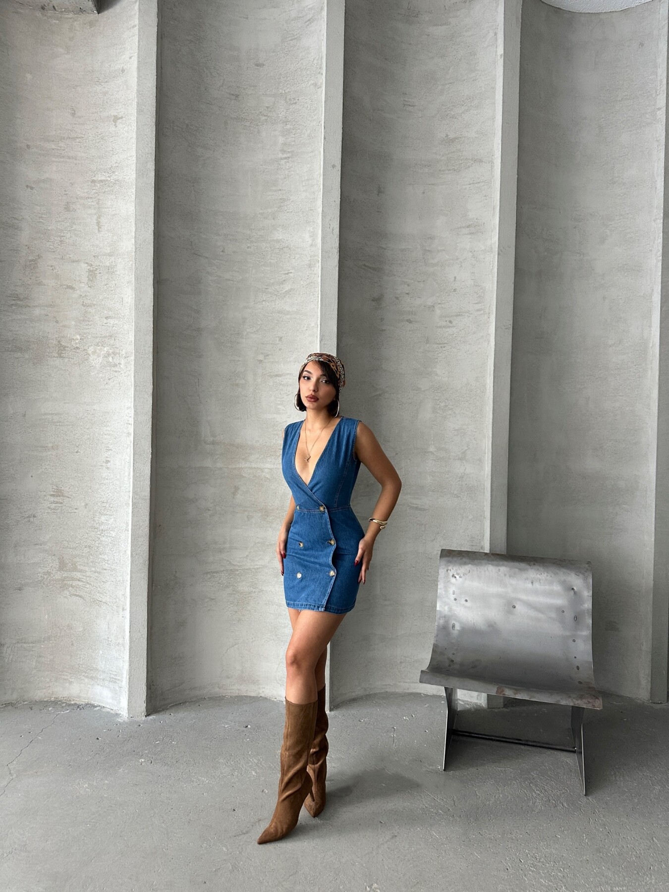 Kadın Kruvaze Yaka Mini Kot Denim Elbise ZYN-58774 - 4