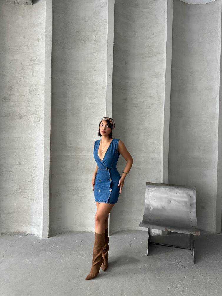Kadın Kruvaze Yaka Mini Kot Denim Elbise ZYN-58774 - 4