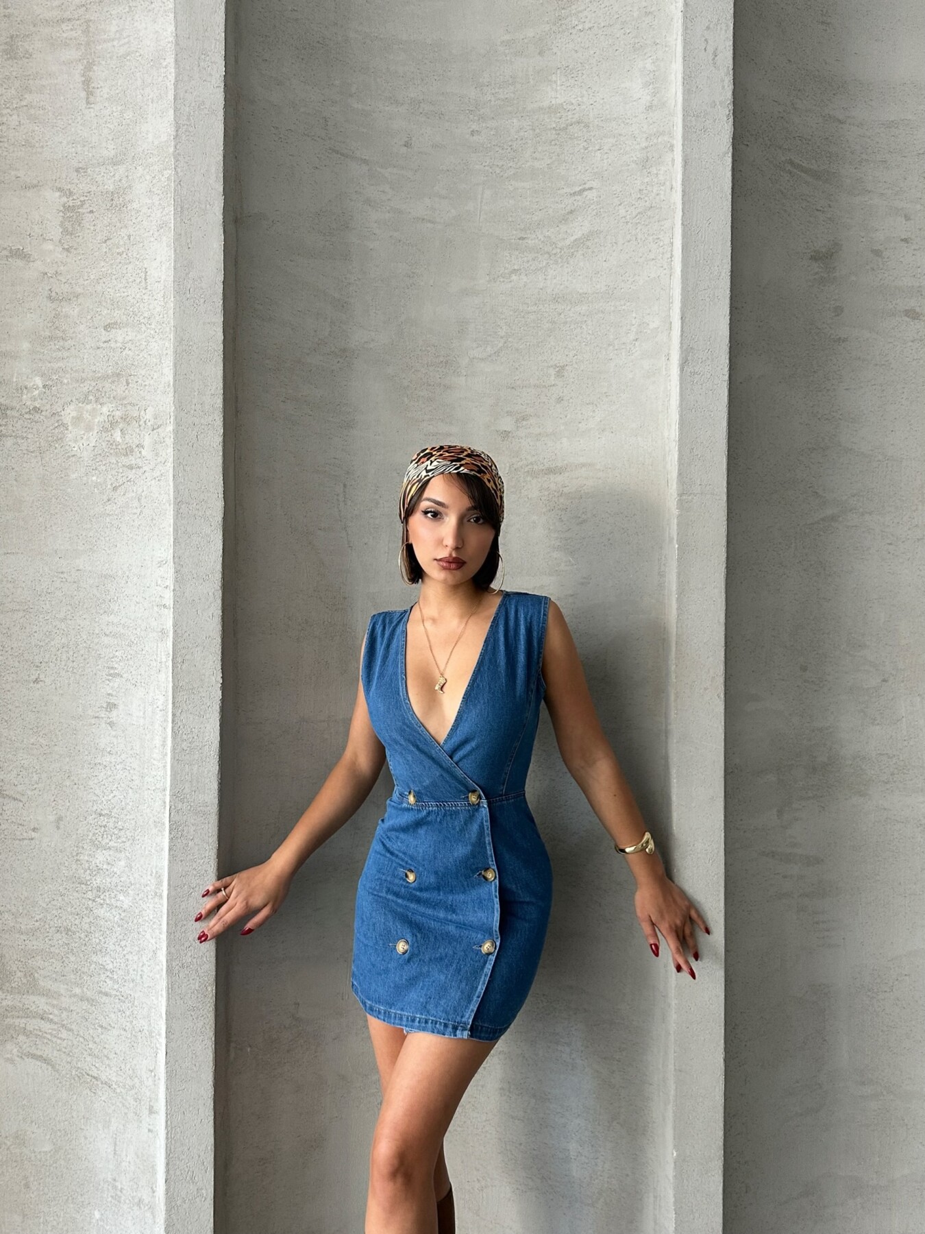 Kadın Kruvaze Yaka Mini Kot Denim Elbise ZYN-58774 - 6