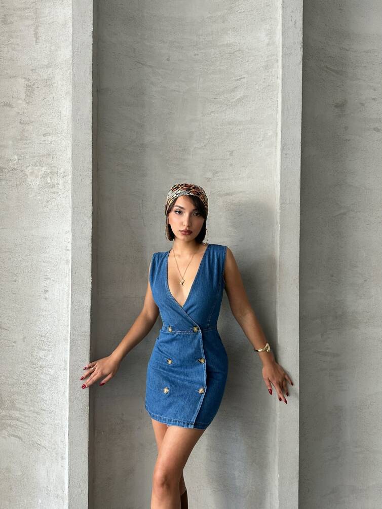 Kadın Kruvaze Yaka Mini Kot Denim Elbise ZYN-58774 - 6