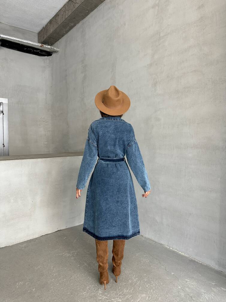 Kadın Kuşak Bağlamalı Denim Trençkot HYN-13372 - 1