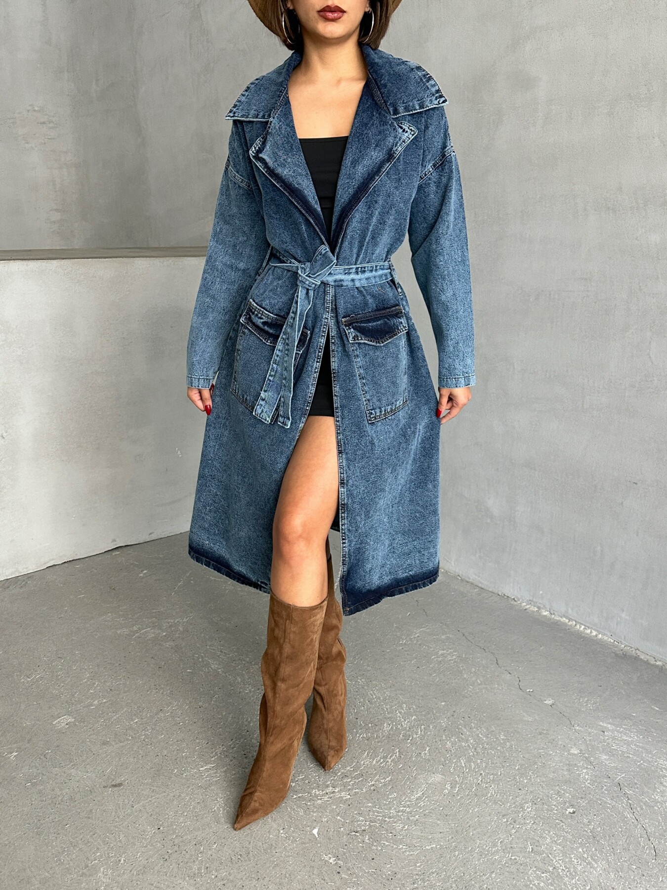 Kadın Kuşak Bağlamalı Denim Trençkot HYN-13372 - 2