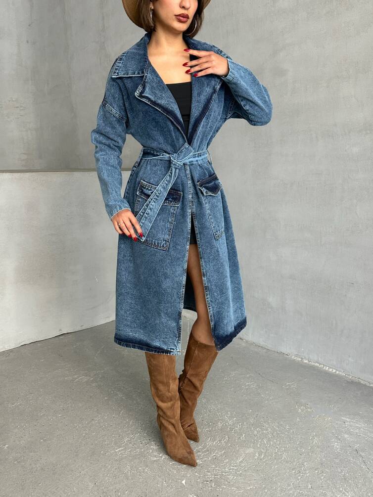 Kadın Kuşak Bağlamalı Denim Trençkot HYN-13372 - 3