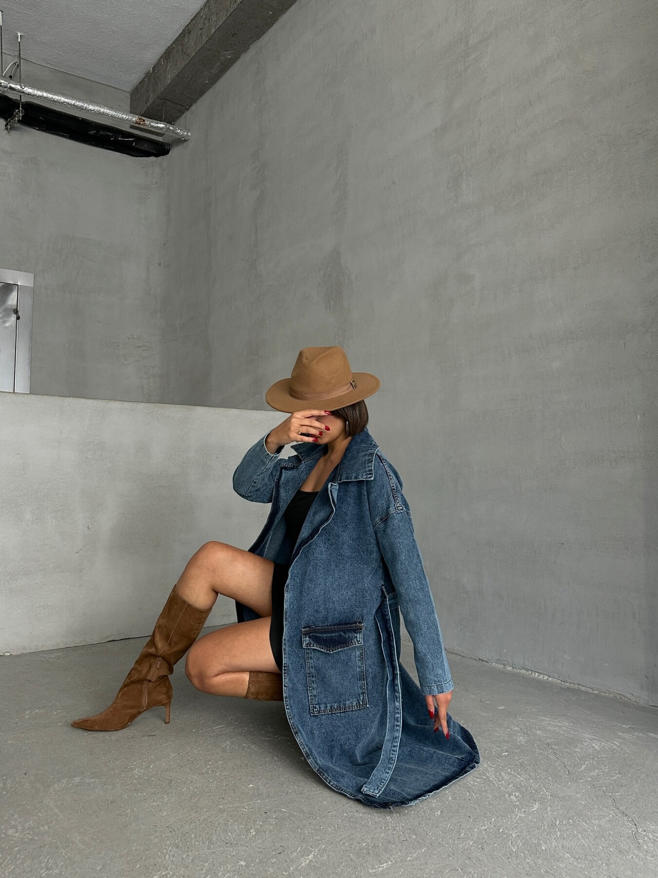 Kadın Kuşak Bağlamalı Denim Trençkot HYN-13372 - 4