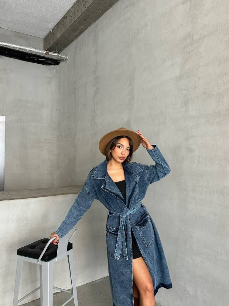 Kadın Kuşak Bağlamalı Denim Trençkot HYN-13372 - 5
