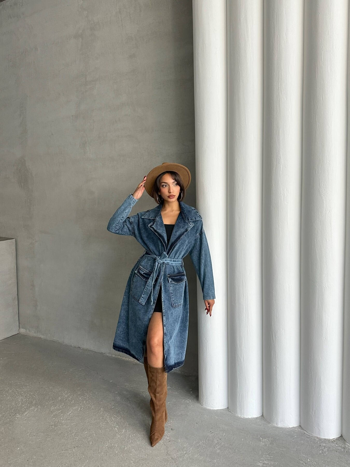 Kadın Kuşak Bağlamalı Denim Trençkot HYN-13372 - 6
