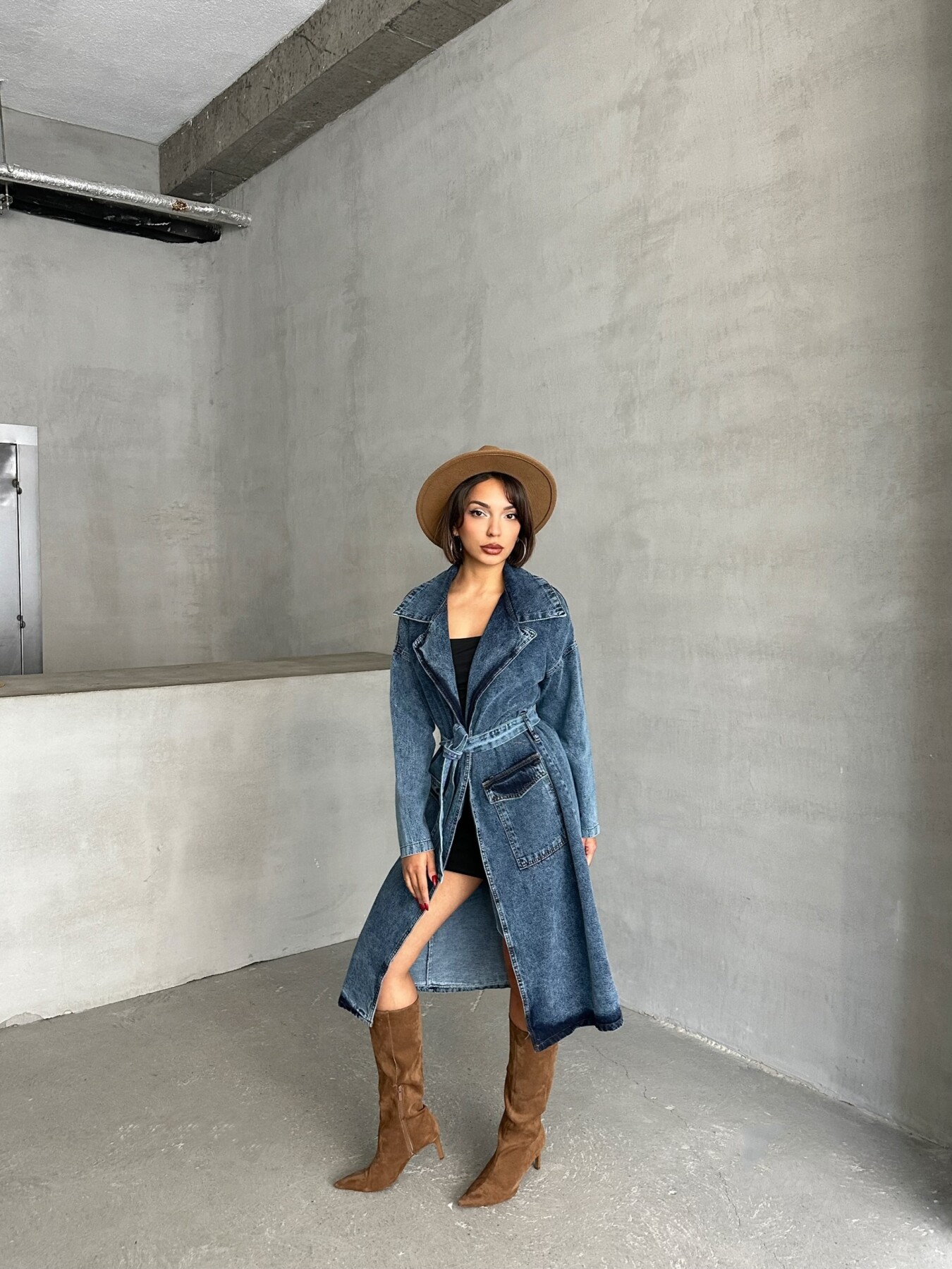Kadın Kuşak Bağlamalı Denim Trençkot HYN-13372 - 7