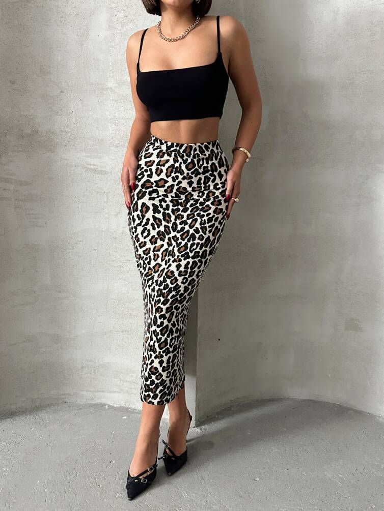 Kadın Leopar Desenli Likrali Elastan Midi Etek ZYN-58770 - 1