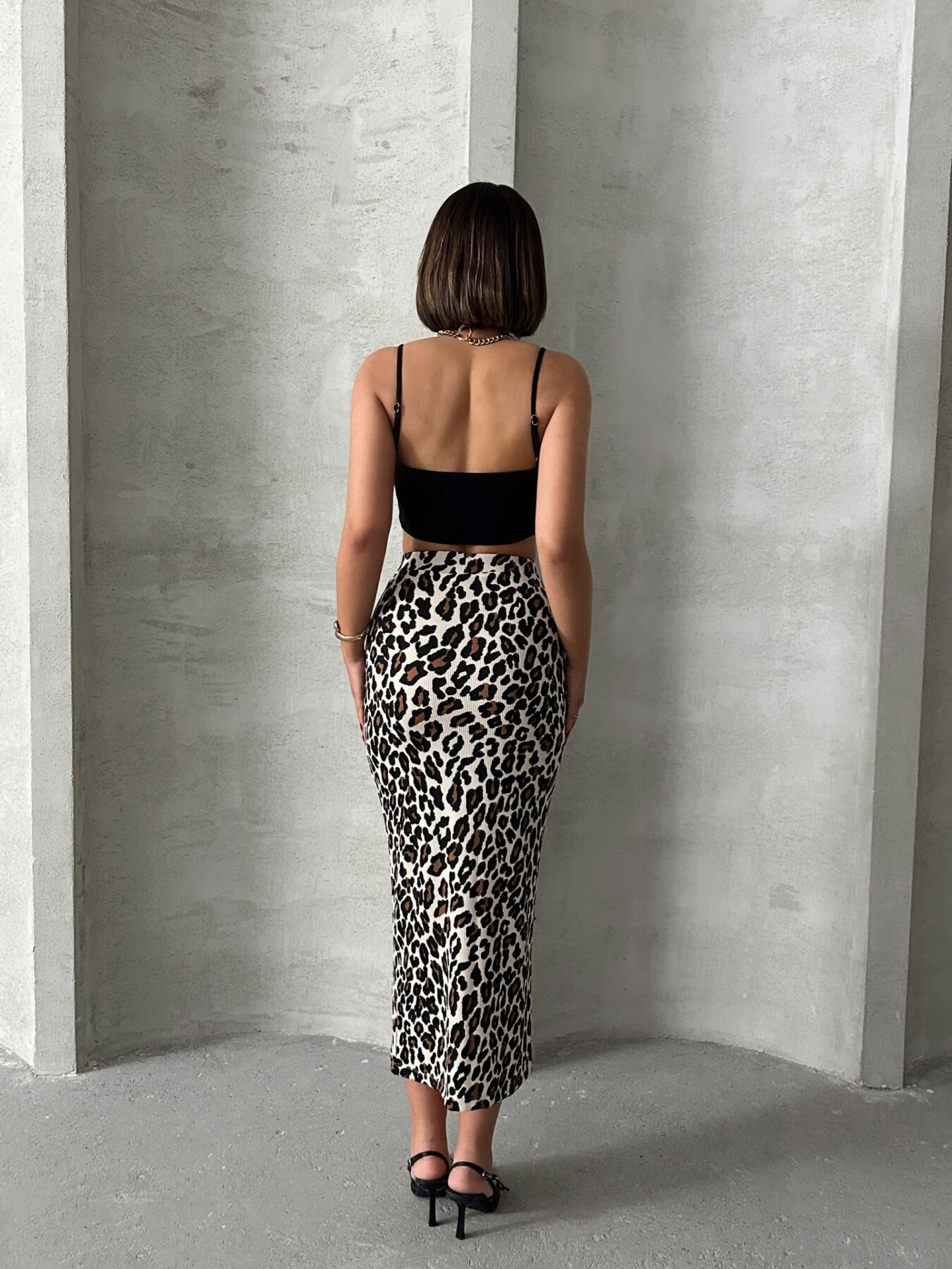Kadın Leopar Desenli Likrali Elastan Midi Etek ZYN-58770 - 2