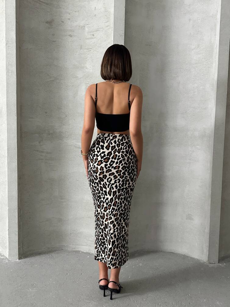 Kadın Leopar Desenli Likrali Elastan Midi Etek ZYN-58770 - 2