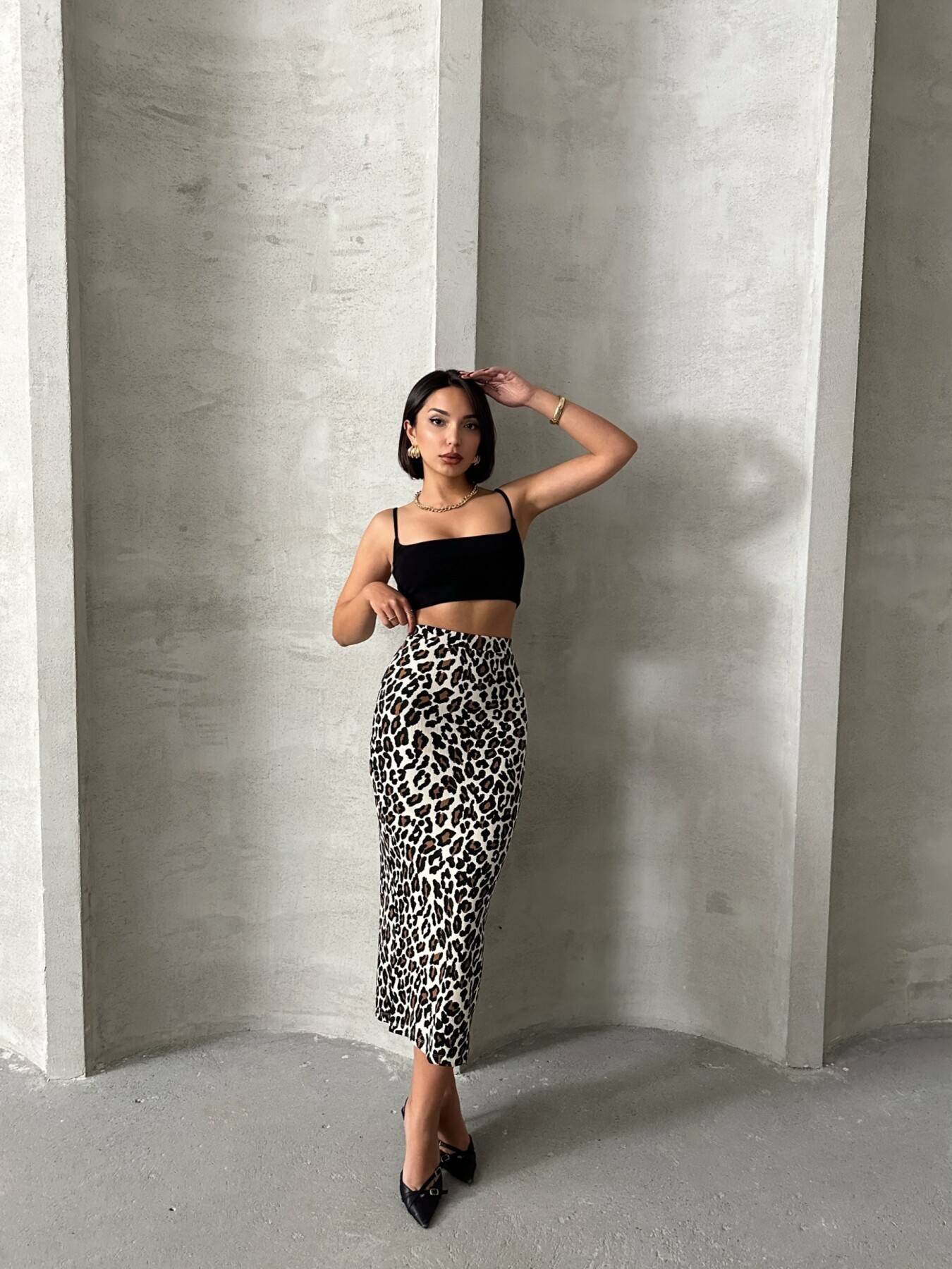 Kadın Leopar Desenli Likrali Elastan Midi Etek ZYN-58770 - 3
