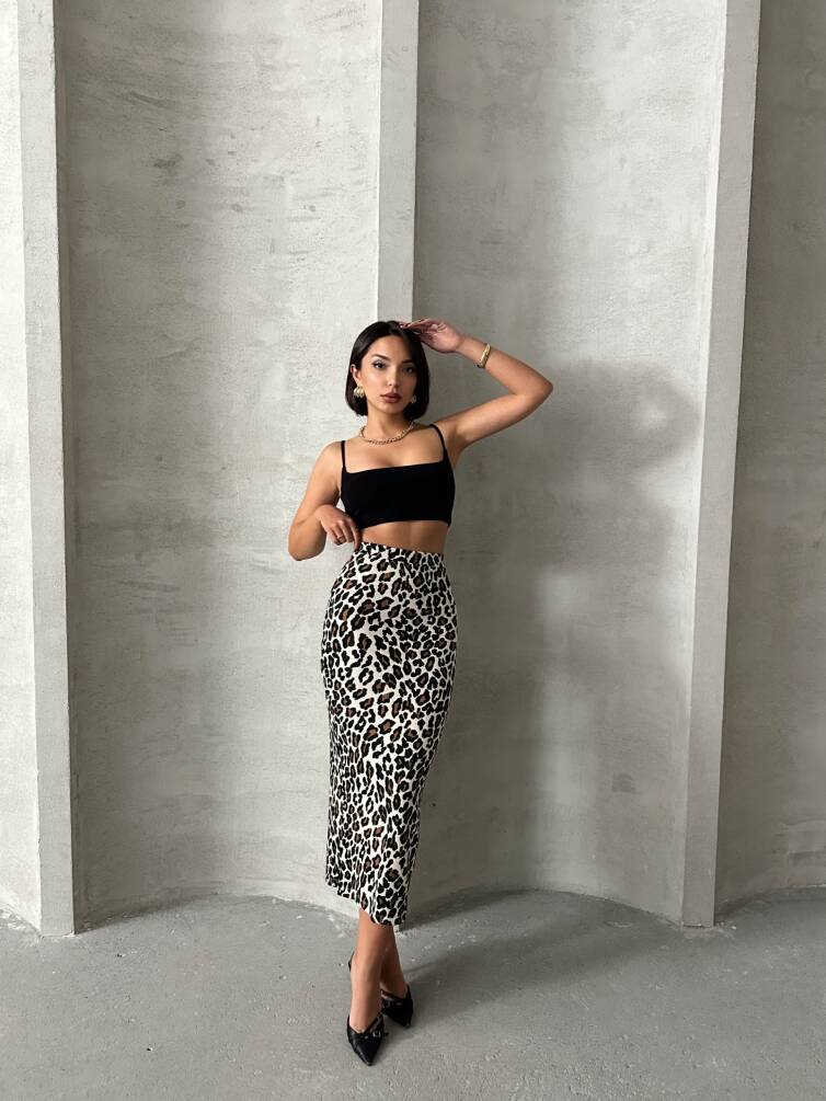 Kadın Leopar Desenli Likrali Elastan Midi Etek ZYN-58770 - 3
