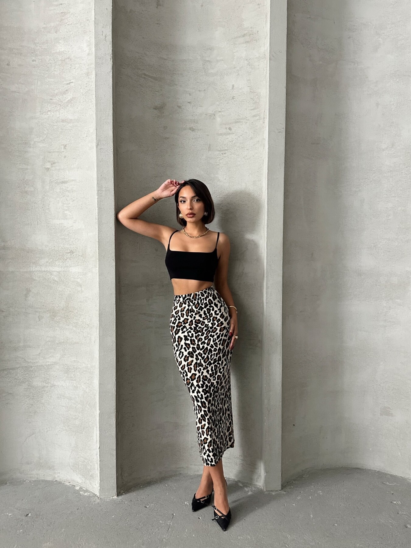 Kadın Leopar Desenli Likrali Elastan Midi Etek ZYN-58770 - 5