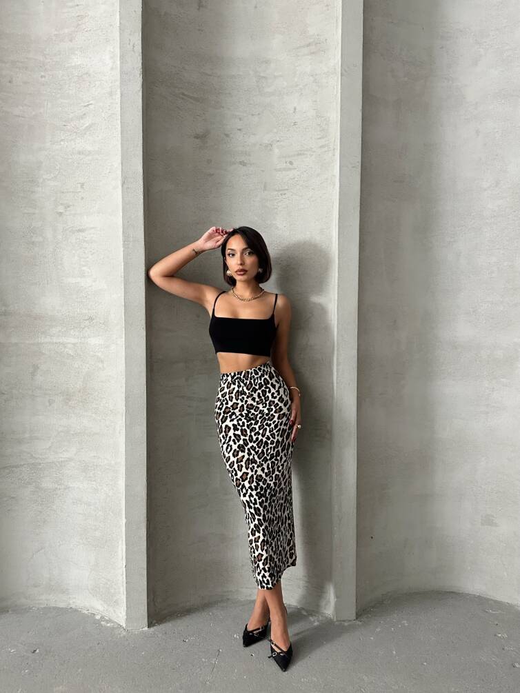 Kadın Leopar Desenli Likrali Elastan Midi Etek ZYN-58770 - 5