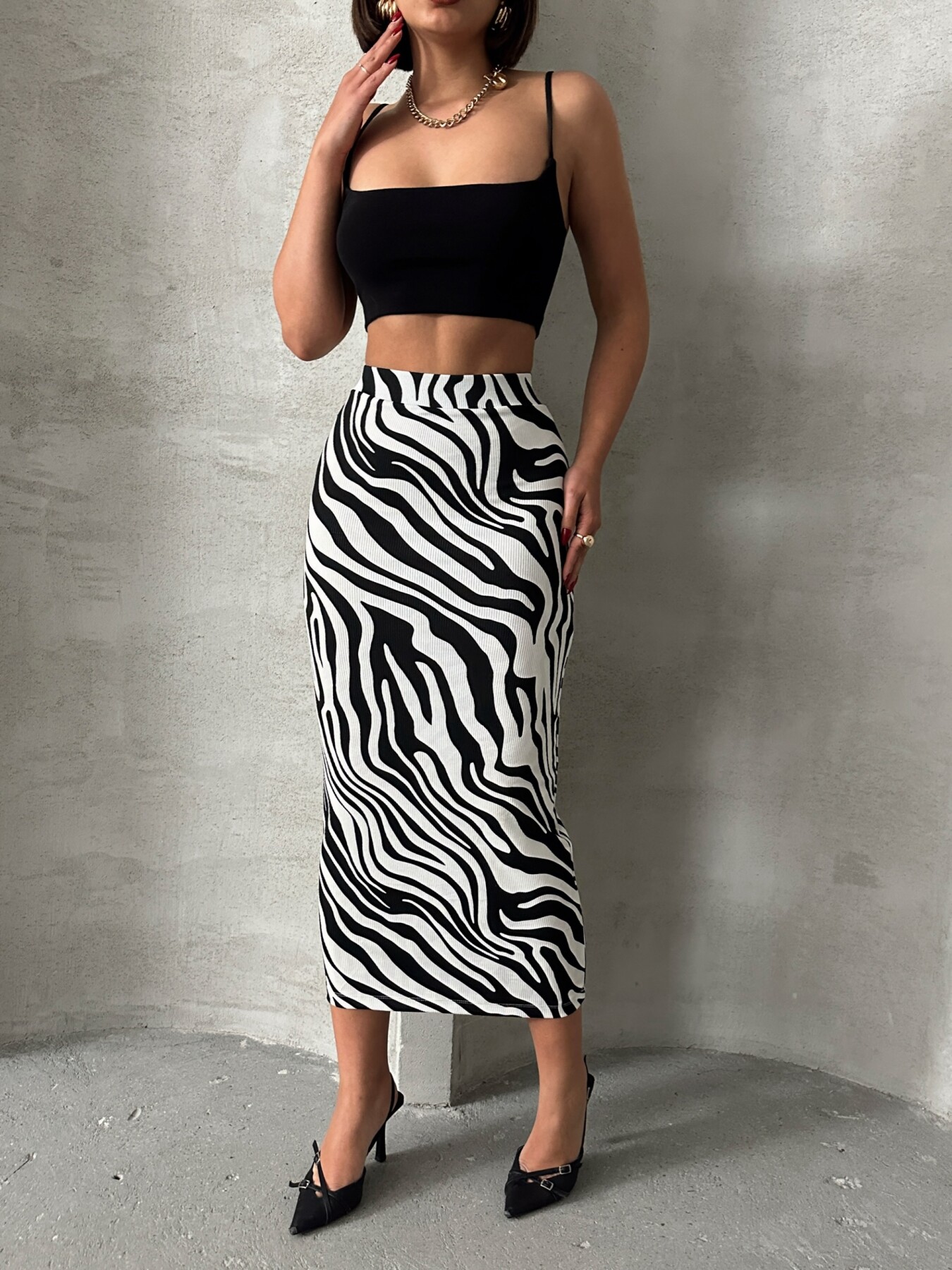 Kadın Leopar Desenli Likrali Elastan Midi Etek ZYN-58770 - 6