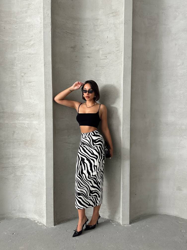 Kadın Leopar Desenli Likrali Elastan Midi Etek ZYN-58770 - 9