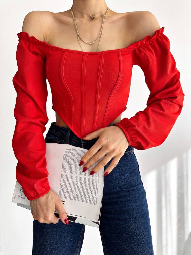 KADIN MADONNA YAKA OMUZ DETAYLI CROP ZYN-58761 - 1